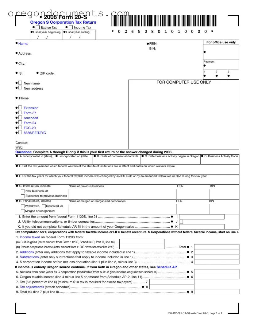 Free Oregon 20 S PDF Template