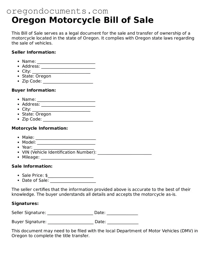 Oregon Motorcycle Bill of Sale Template