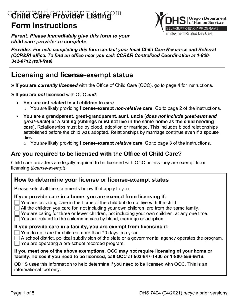 Free Oregon Dhs Child Care Provider PDF Template