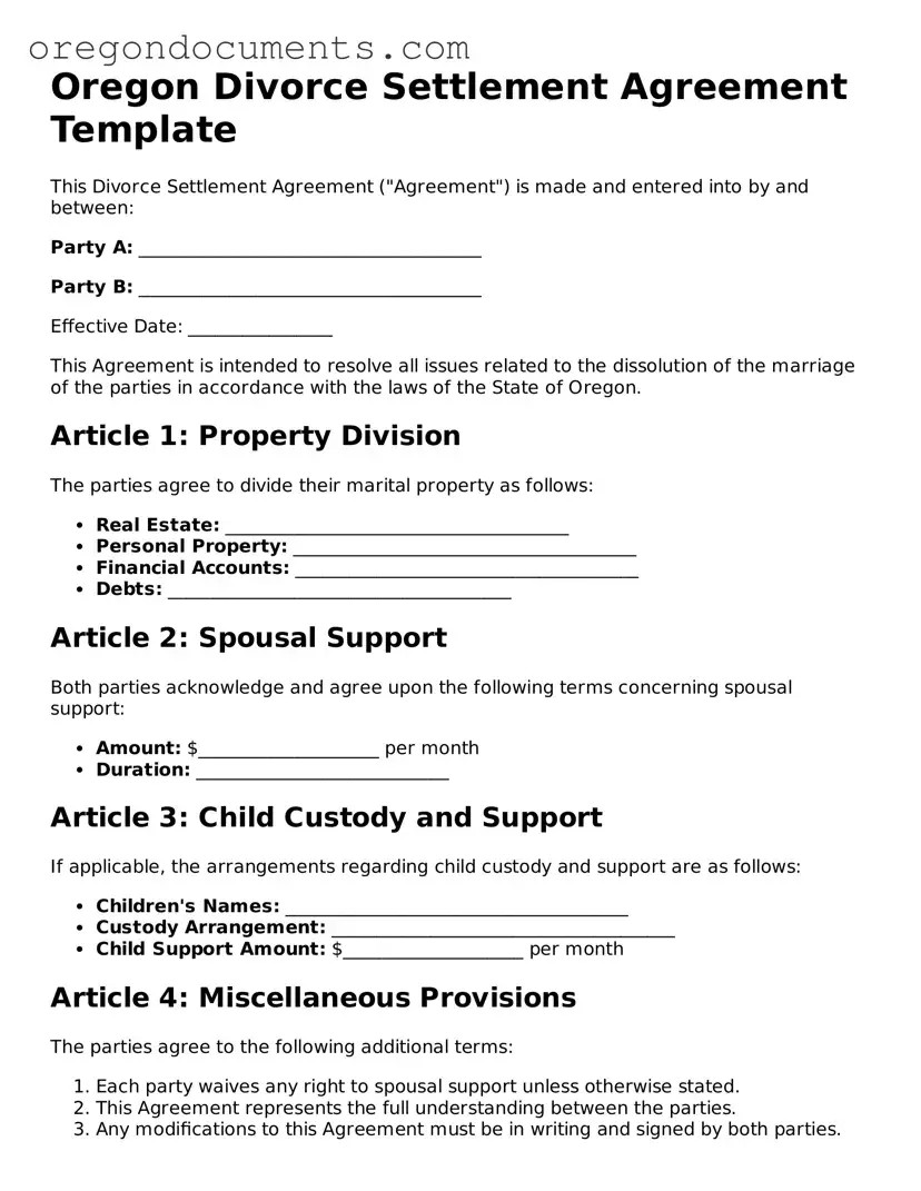 Oregon Divorce Settlement Agreement Template