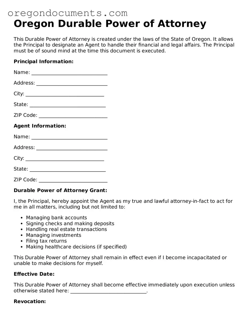 Oregon Durable Power of Attorney Template