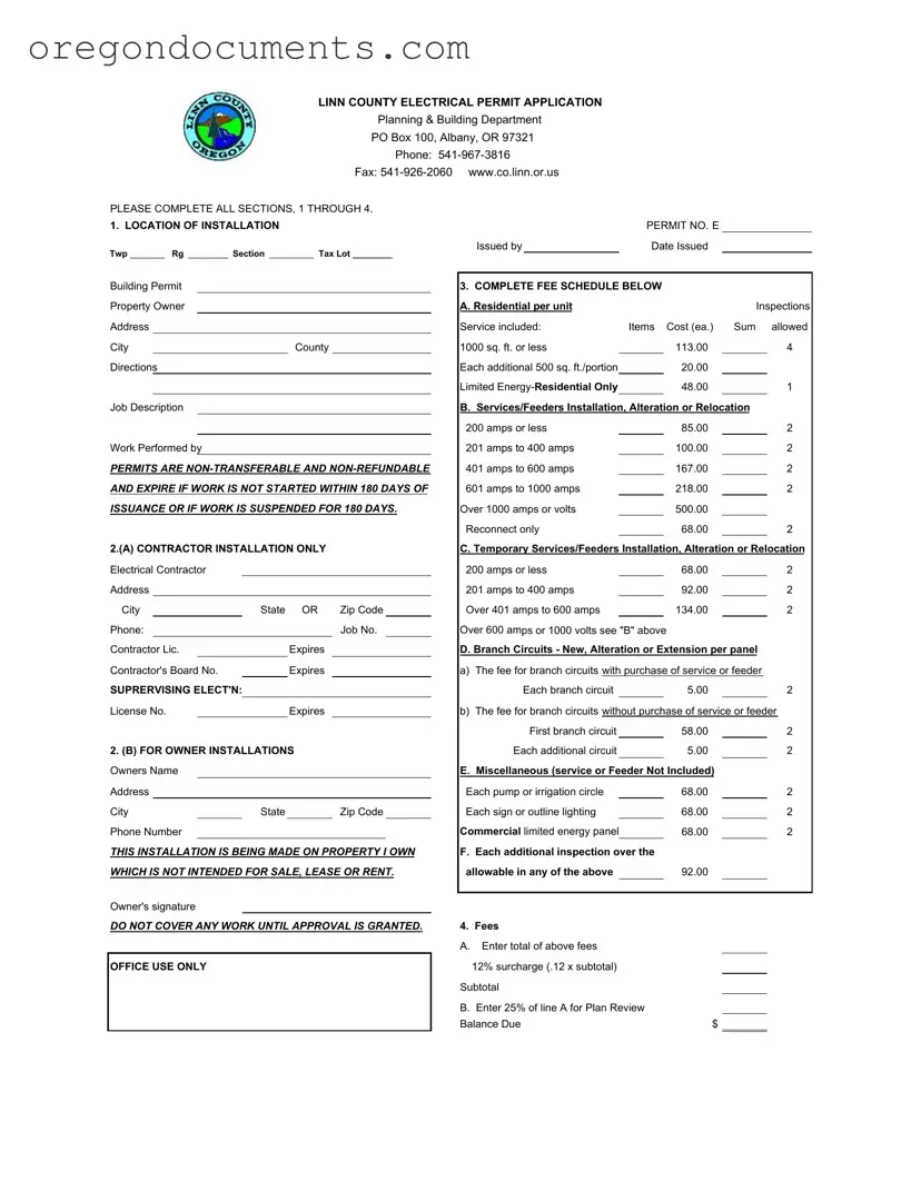 Free Oregon Electrical Permit Application Linn PDF Template
