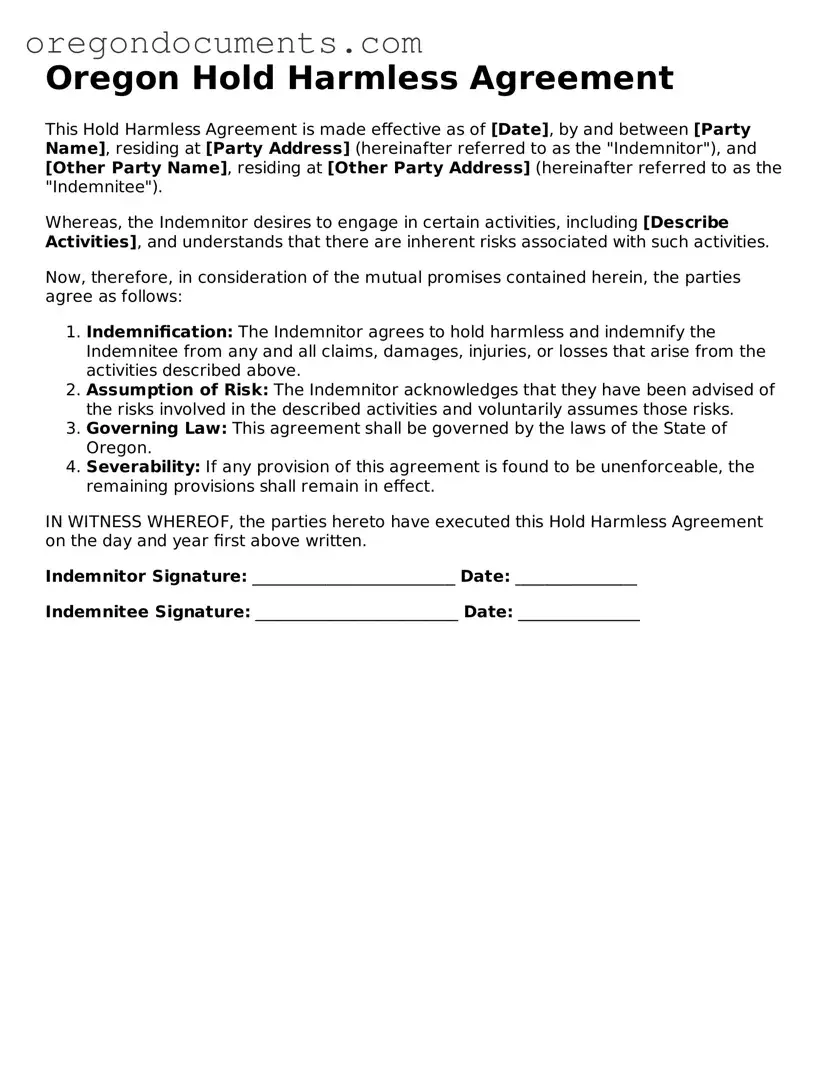 Oregon Hold Harmless Agreement Template