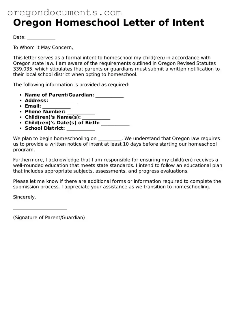 Oregon Homeschool Letter of Intent Template