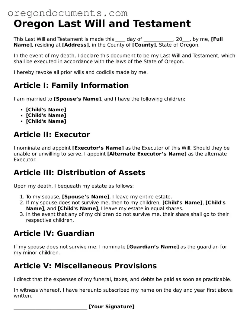 Oregon Last Will and Testament Template