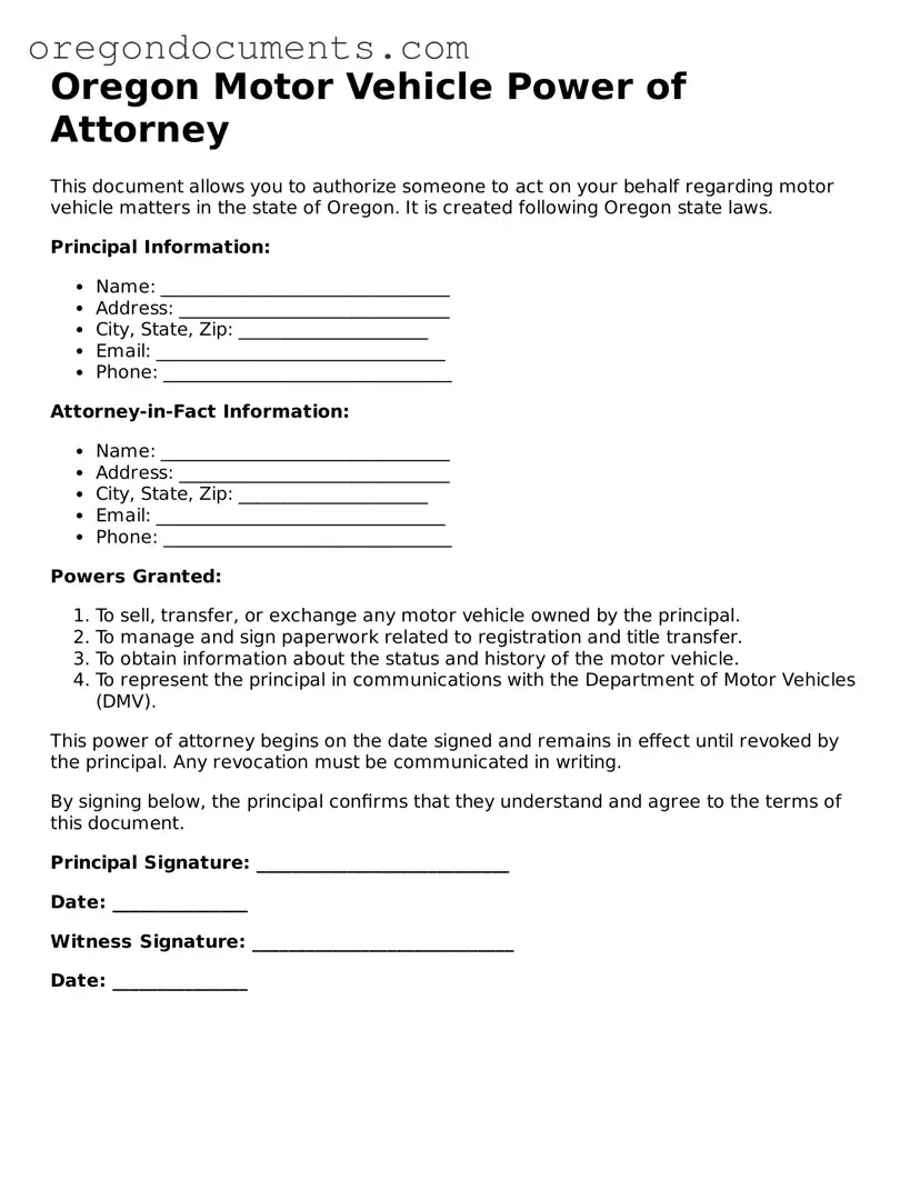 Oregon Motor Vehicle Power of Attorney Template