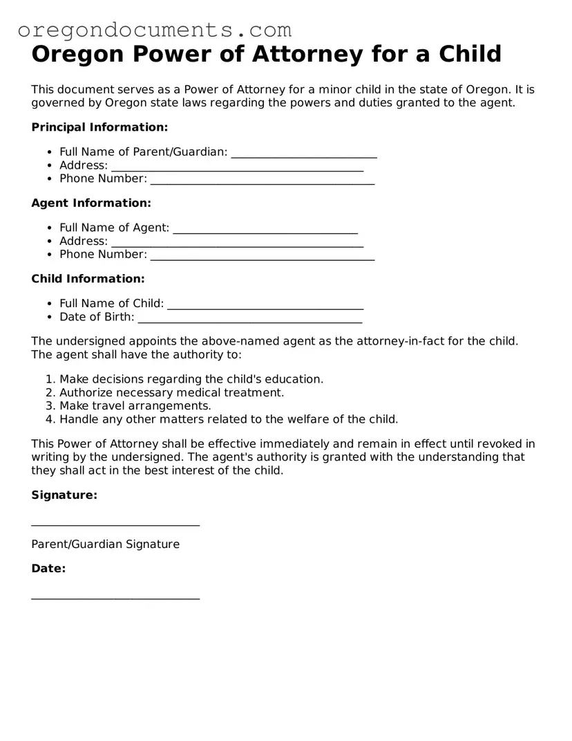Oregon Power of Attorney for a Child Template