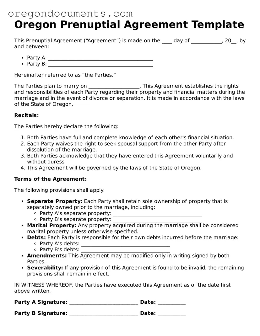Oregon Prenuptial Agreement Template