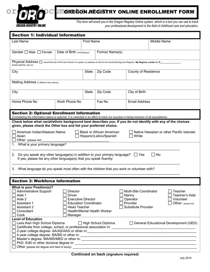 Free Oregon Registry Enrollment PDF Template