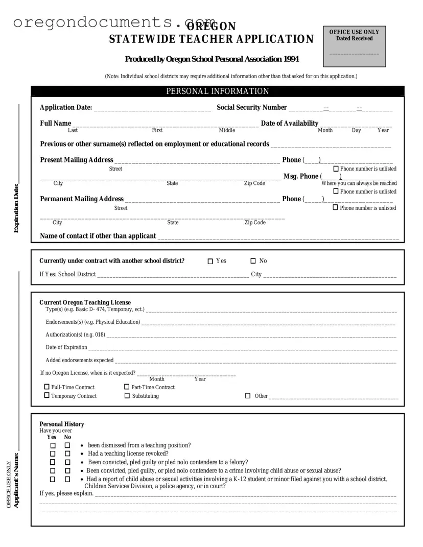 Free Oregon Teacher Application PDF Template