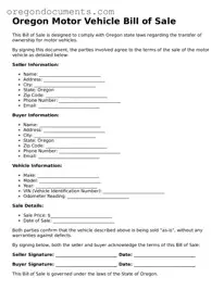 Oregon Motor Vehicle Bill of Sale Template