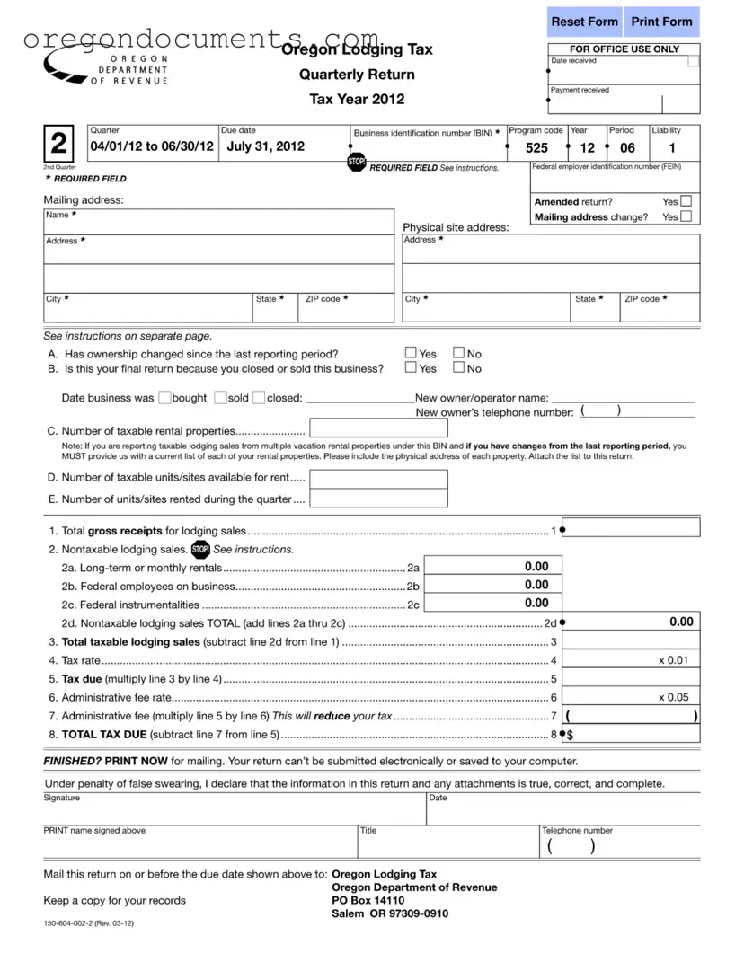 Free State Of Oregon Lodging Tax PDF Template